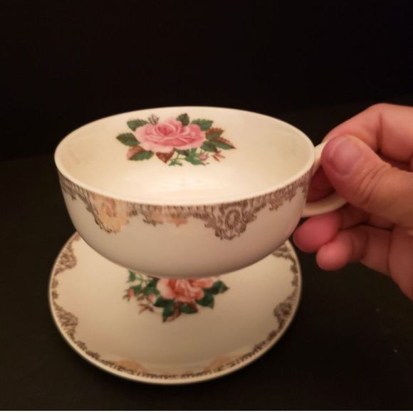 American Rose Cups Saucers Paden City Pottery Pink Roses Gold Vintage 4 sets - Picture 5 of 16